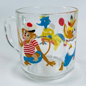 Arcoroc France Clear Glass Mug Multicolor Cartoon Animal Characters Monkey Fox